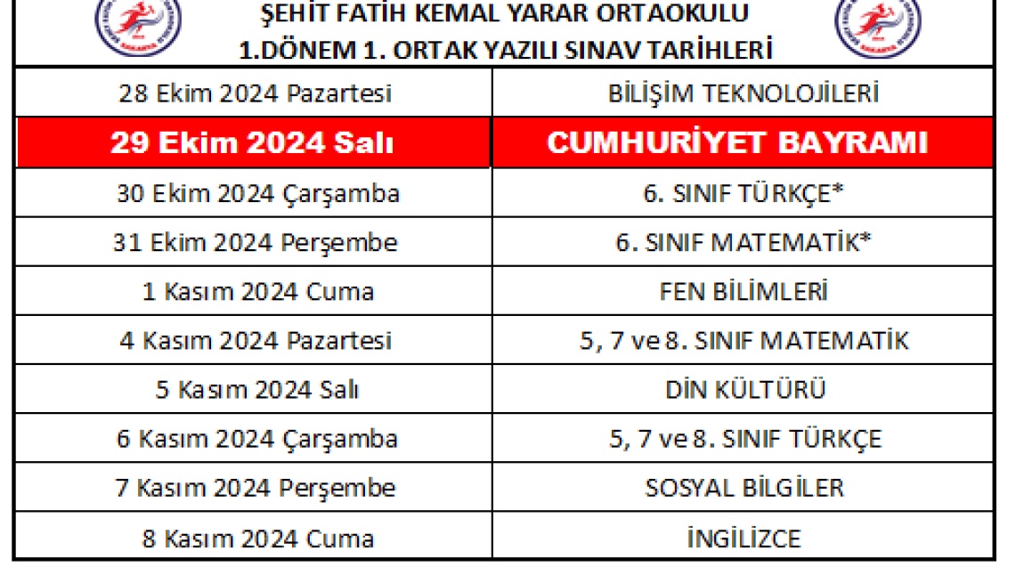 1. DÖNEM 1. ORTAK YAZILI TAKVİMİMİZ